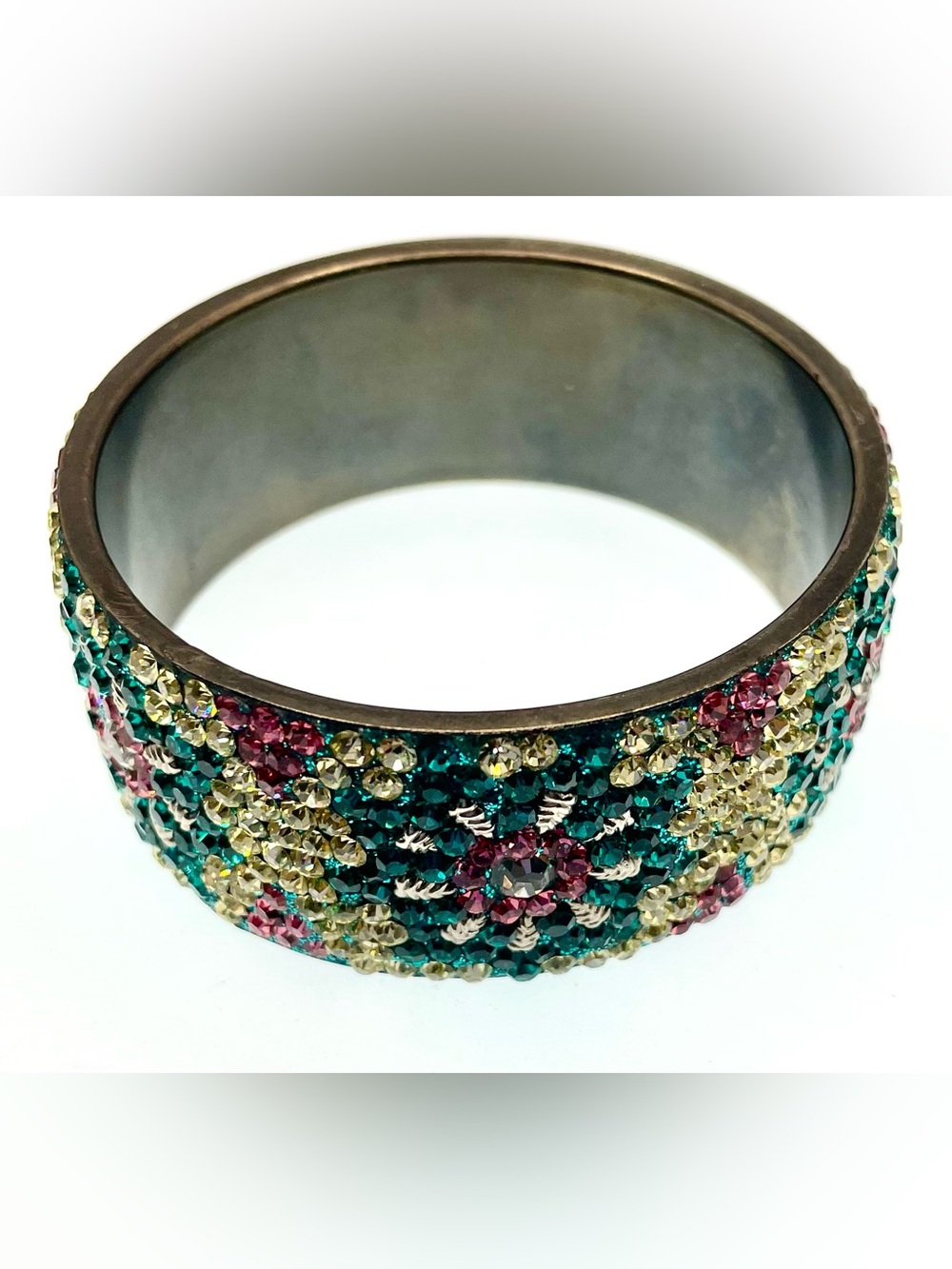 Vintage Rhinestone Crystal Floral Cuff Bracelet Wide Multicolor Statement - Picture 8 of 10